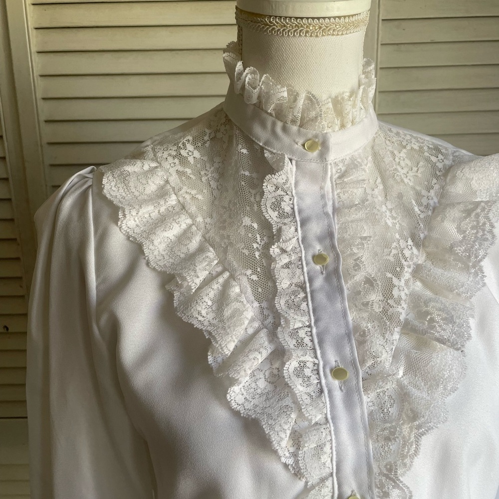 Vintage Shapely Ruffle Victorian Blouse White 12 Fairygoth Cottagecore Prairie - Picture 2 of 10